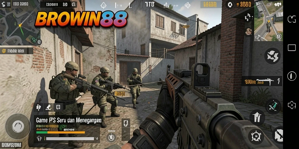 Screenshot gameplay BROWIN88 menampilkan aksi tembak-menembak yang intens.