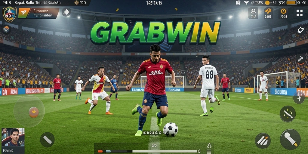 Screen gameplay menarik dari GRABWIN yang menghadirkan aksi sepak bola nyata.