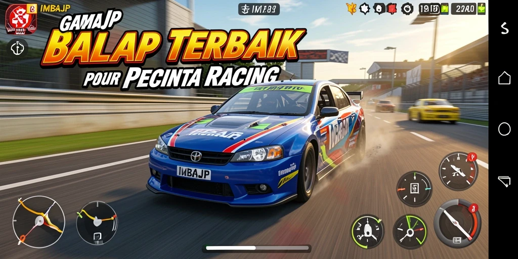 Screenshot gameplay IMBAJP menampilkan aksi balapan yang mendebarkan.