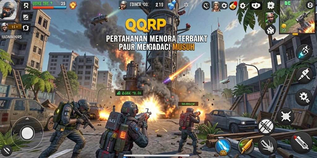 Tampilan gameplay QQRP yang intens dalam pertempuran Tower Defense.