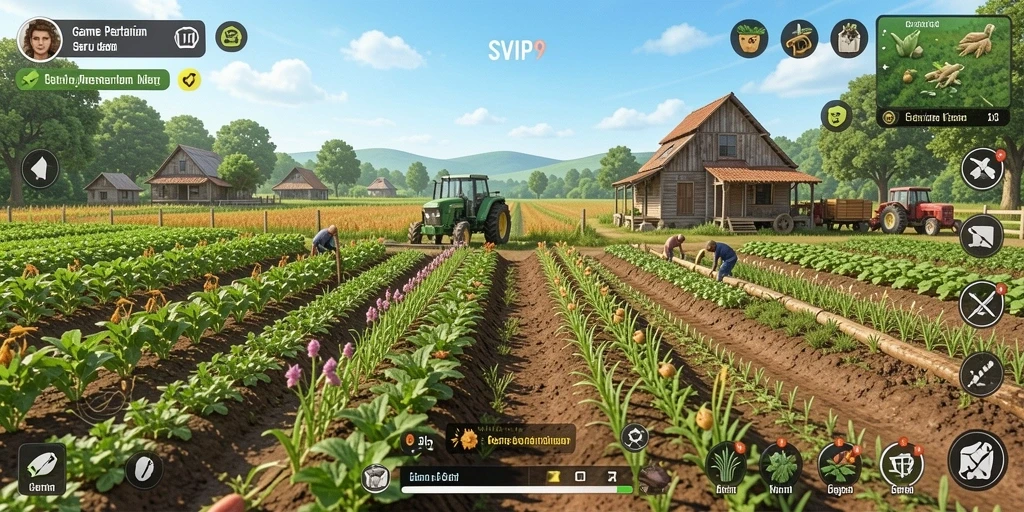 Screenshot gameplay SVIP9 menampilkan ladang hijau yang subur dan hewan ternak yang lucu.