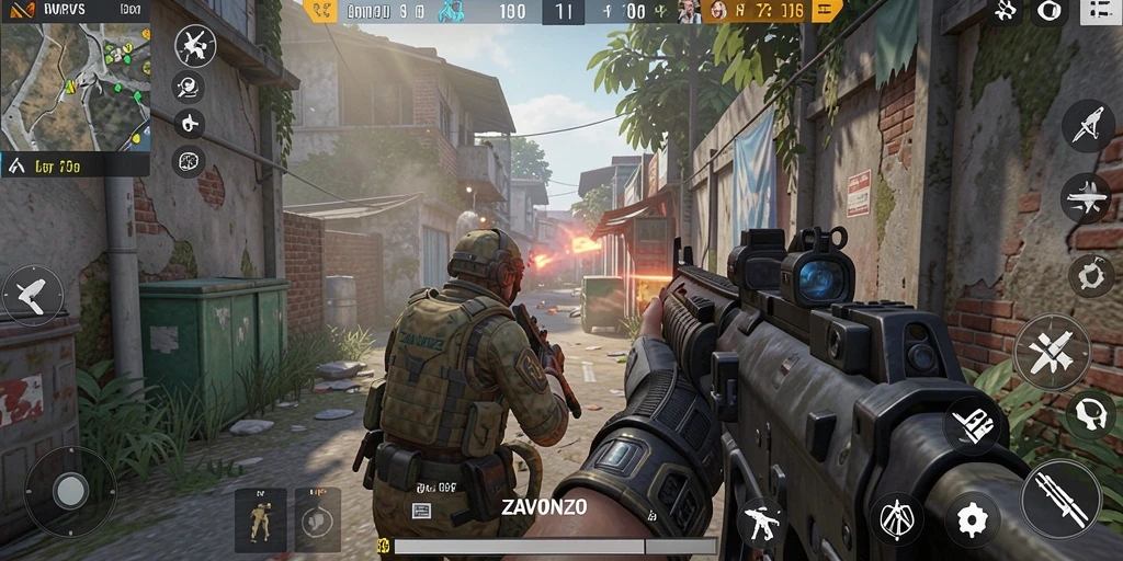 Screenshot gameplay ZAVONZO menampilkan aksi tembak-menembak yang intens.